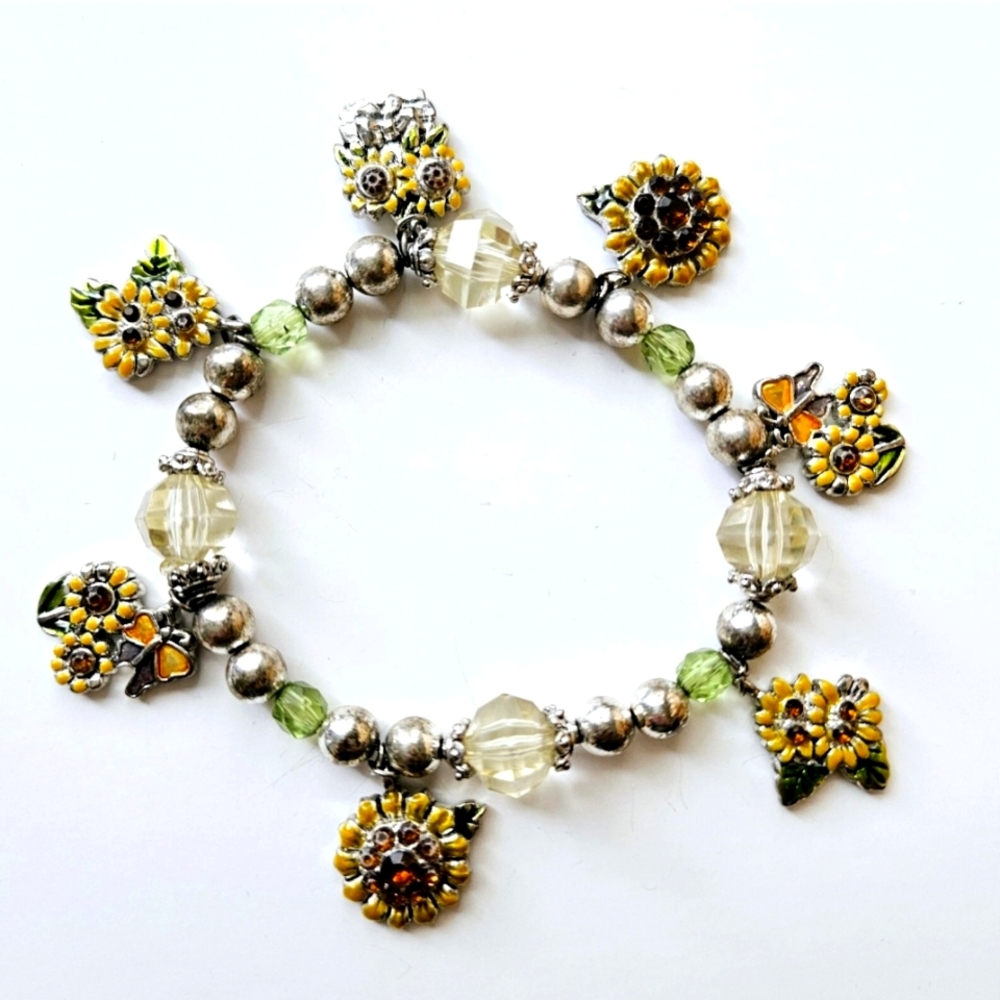 Sunflower Charm Bracelet Enameled Jeweled Charms Glass & Metal Beads Stretchy
